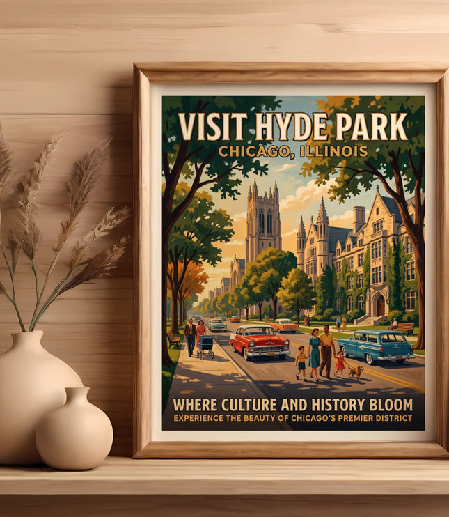 Vintage travel poster for Hyde Park, Chicago, featuring architecture and people.