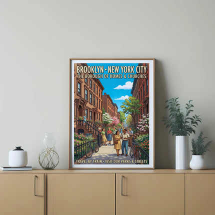 Brooklyn, New York City: Borough of Homes & Churches travel poster.