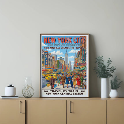 Vintage "New York City" travel poster with buildings, cars, and people.