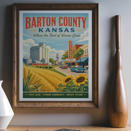 Barton County, Kansas poster with wheat fields, sunflowers, and vintage town buildings.