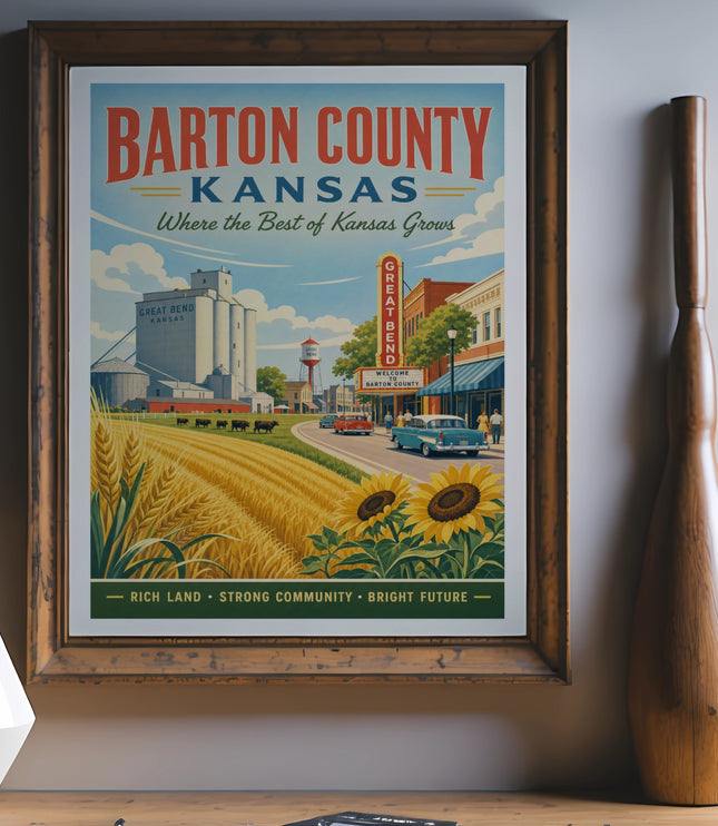 Barton County, Kansas poster with wheat fields, sunflowers, and vintage town buildings.