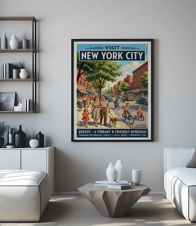 Vintage travel poster of New York City's Queens borough on a street scene.