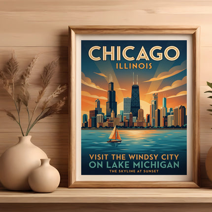 Framed Chicago skyline poster at sunset on Lake Michigan with text.