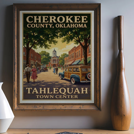 Cherokee County, Oklahoma Tahlequah Town Center vintage poster with classic car and people.