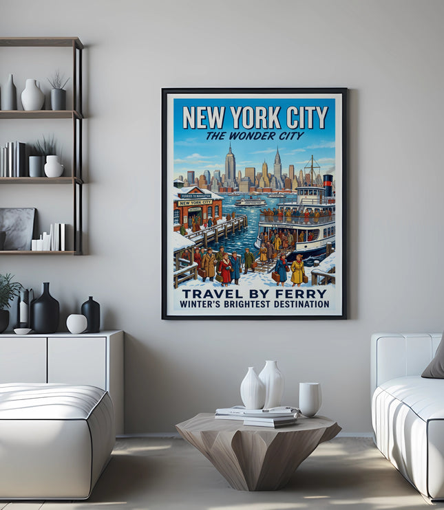 New York City travel by ferry vintage poster with skyline and people.