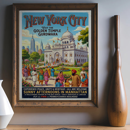 Vintage poster for New York City's Golden Temple Gurdawara, showing people and buildings.