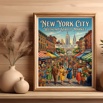 New York City Weekend Street Market poster showing Sunny Greenwich Village.