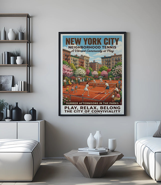 New York City Neighborhood Tennis poster with text about playing in the parks.