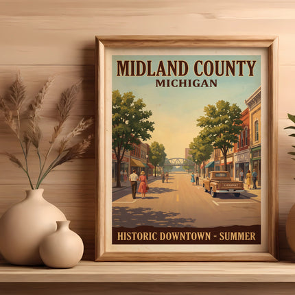 Poster with "MIDLAND COUNTY Michigan HISTORIC DOWNTOWN - SUMMER."