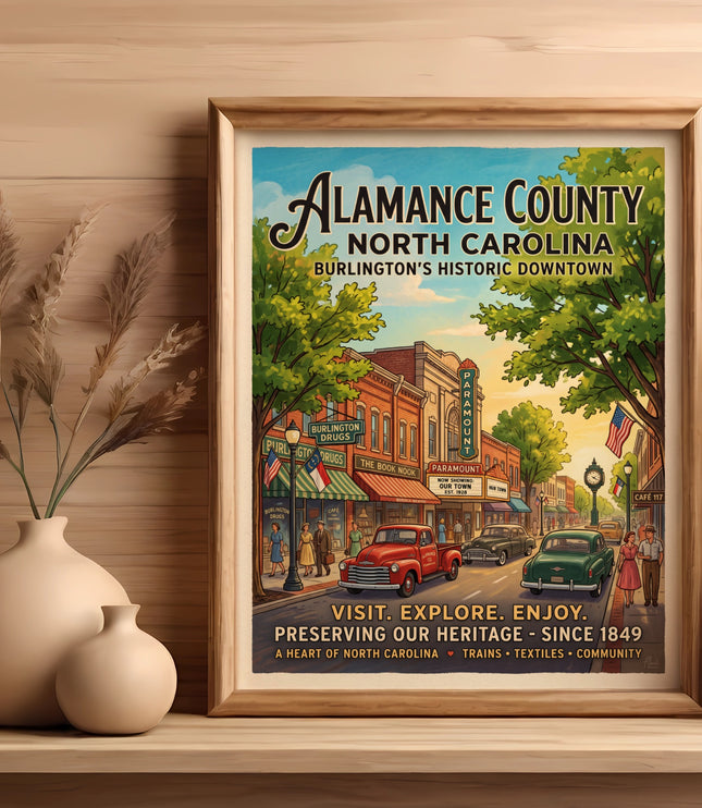Poster of Alamance County, North Carolina historic downtown street scene with vintage cars.