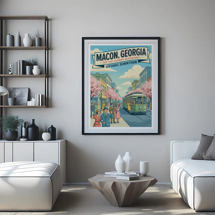 Vintage poster of Macon, Georgia, featuring a trolley among cherry blossoms.