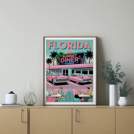 Retro Florida diner scene with classic cars, palm trees, and people eating.