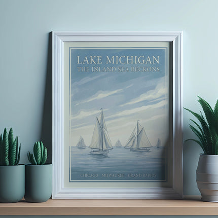 Framed "Lake Michigan The Inland Sea Beckons" art with sailboats and coastal cities.