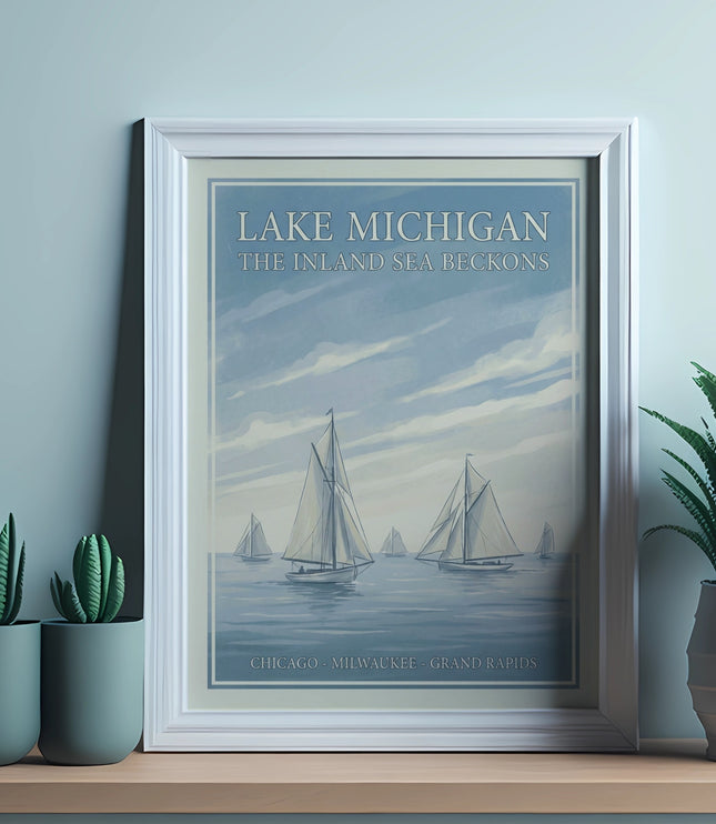 Framed "Lake Michigan The Inland Sea Beckons" art with sailboats and coastal cities.