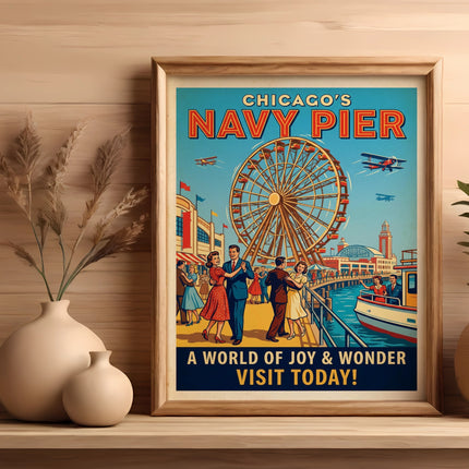 Chicago Navy Pier poster with Ferris wheel and people, "A World of Joy & Wonder! Visit Today!"