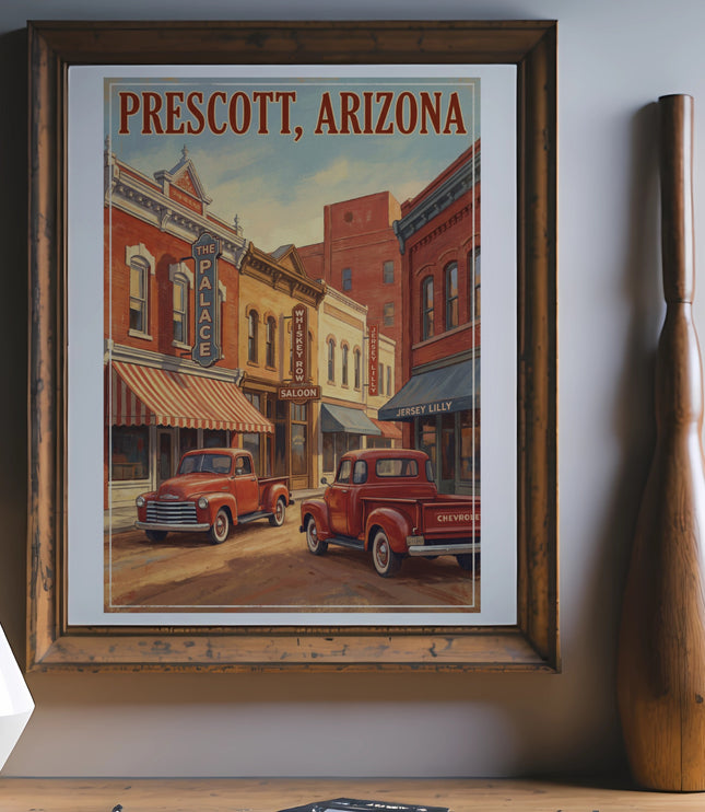 Vintage Prescott, Arizona poster with red trucks and "The Palace" saloon sign.