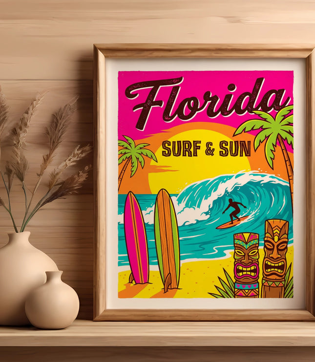 Florida surf and sun vintage poster with surfboards, wave, tiki masks, and palm trees.