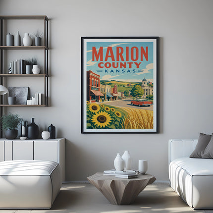Marion County Kansas travel poster featuring sunflowers and a vintage car.