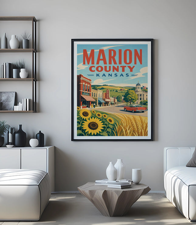 Marion County Kansas travel poster featuring sunflowers and a vintage car.