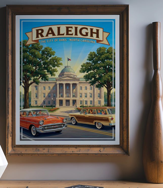 Vintage Raleigh print featuring the city hall and classic cars with sunburst background.