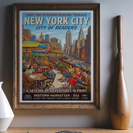 New York City poster with people reading on a terrace, skyline and text.