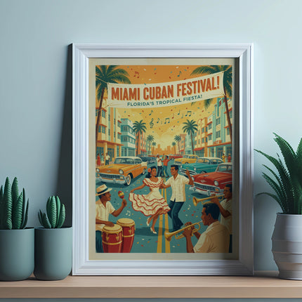 Miami Cuban Festival poster with people dancing and vintage cars.