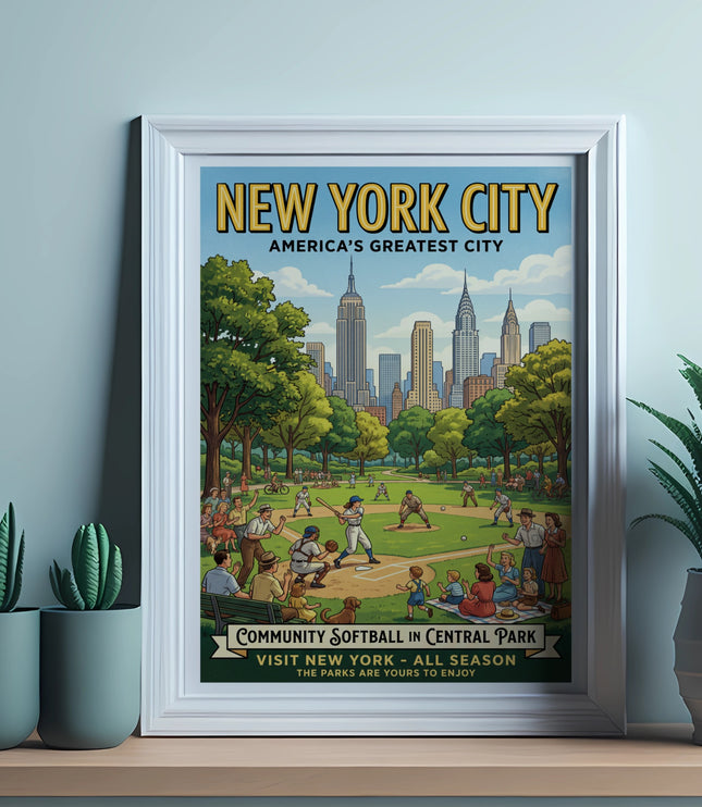 New York City poster depicting community softball in Central Park.