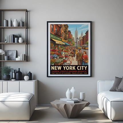 Vintage poster of New York City with people and flowers.