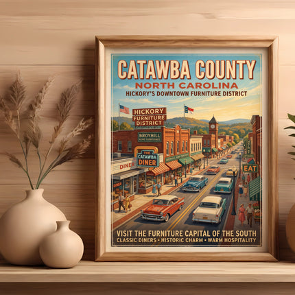 Vintage styled poster of Catawba County, North Carolina, featuring a downtown street scene.