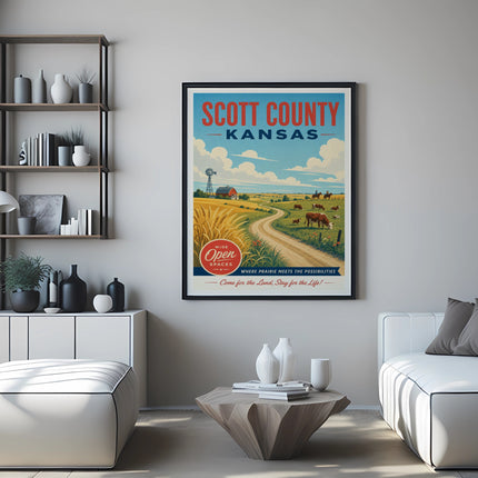 Scott County Kansas poster with barn, cows, and prairie scene, featuring "Wide Open Spaces".