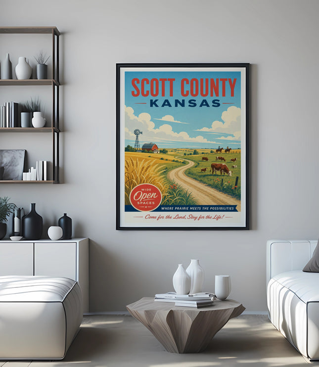 Scott County Kansas poster with barn, cows, and prairie scene, featuring "Wide Open Spaces".