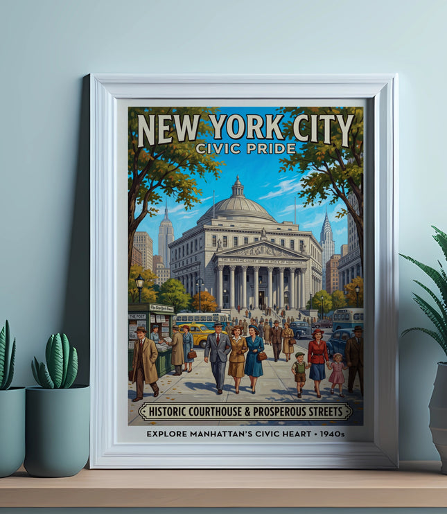 New York City Civic Pride poster featuring historic courthouse and 1940s street scene.