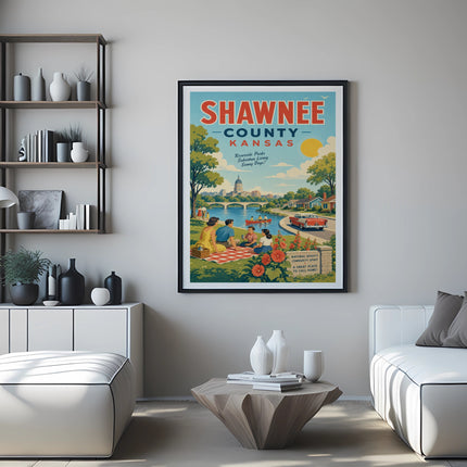 Shawnee County Kansas travel poster with park scene and text.