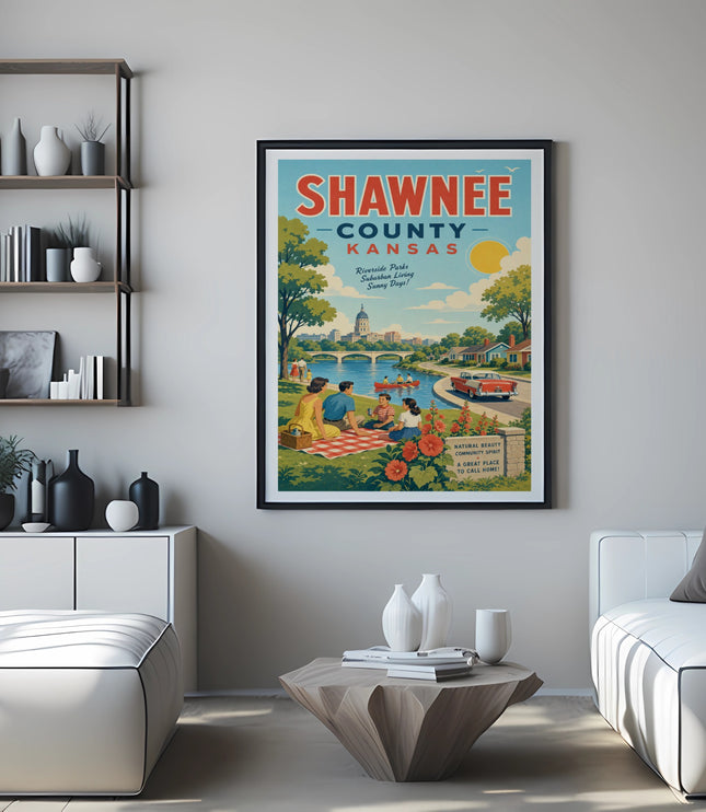 Shawnee County Kansas travel poster with park scene and text.