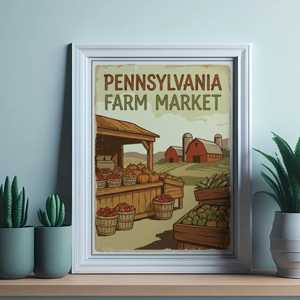 Framed Pennsylvania Farm Market sign with produce and barns.