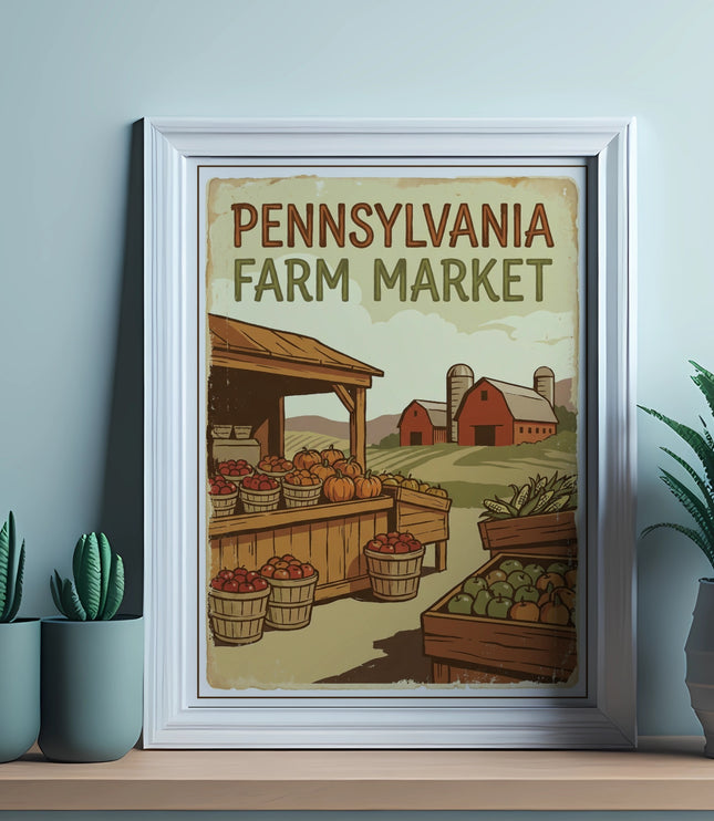 Framed Pennsylvania Farm Market sign with produce and barns.