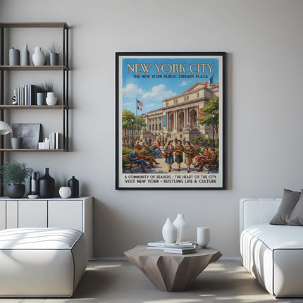 New York Public Library Plaza poster with text about community and culture.