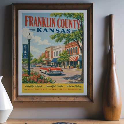 Vintage travel poster for Franklin County, Kansas, featuring Ottawa.