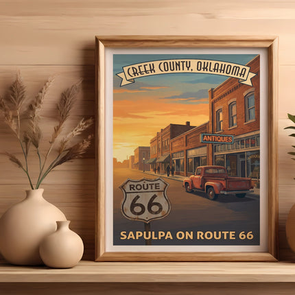 Vintage poster of Sapulpa on Route 66 with red truck and antique shops.