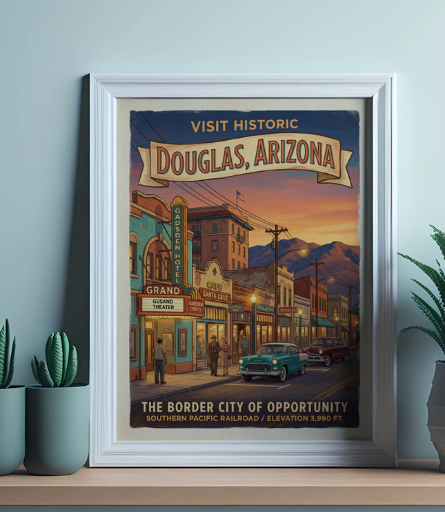 Vintage poster of Douglas, Arizona, featuring the Grand Gusand Theater and vintage cars.