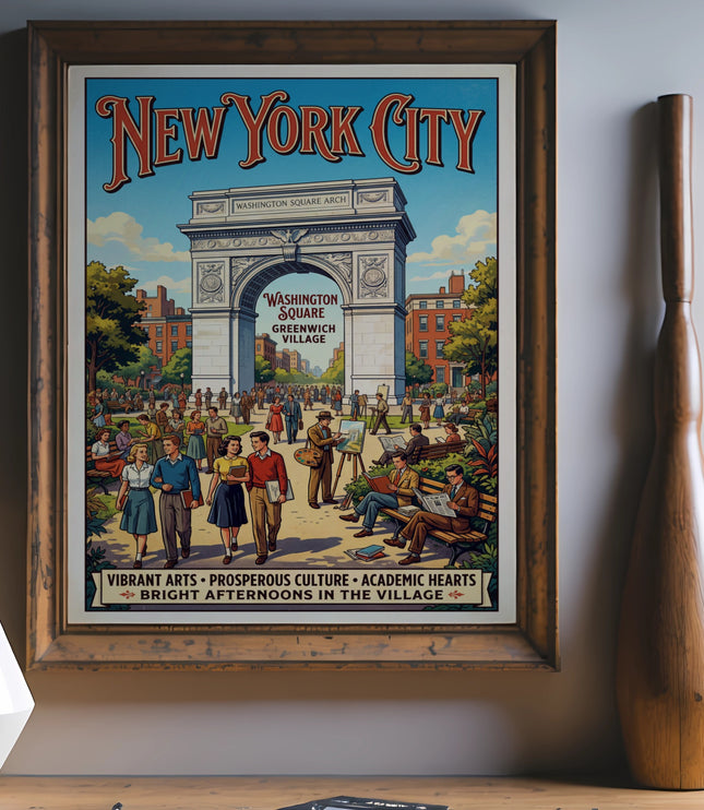 New York City poster with Washington Square Arch and people, vintage style.