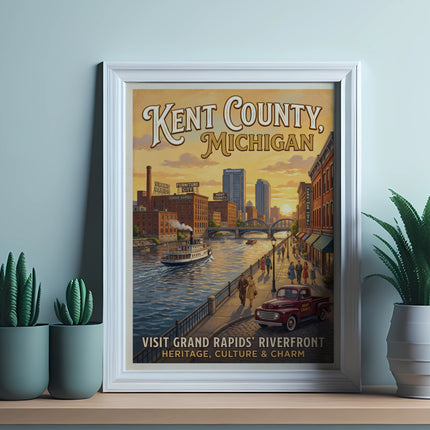 Vintage poster of Kent County, Michigan riverfront with text and buildings at sunset.