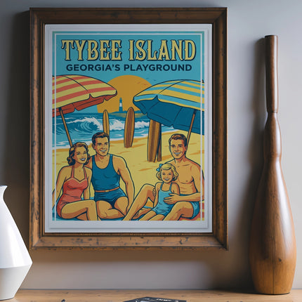 Retro Tybee Island Georgia's Playground beach scene with umbrellas and surfboards.