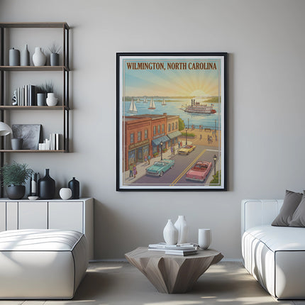 Wilmington, North Carolina travel poster with harbor scene and vintage cars.