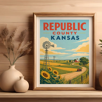 Framed vintage poster of Republic County, Kansas landscape with sunflowers and windmill.