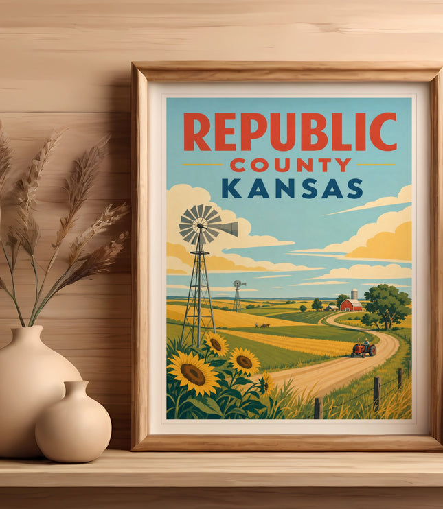 Framed vintage poster of Republic County, Kansas landscape with sunflowers and windmill.