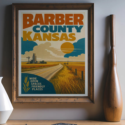 Barber County Kansas poster with landscape, windmill, and text.