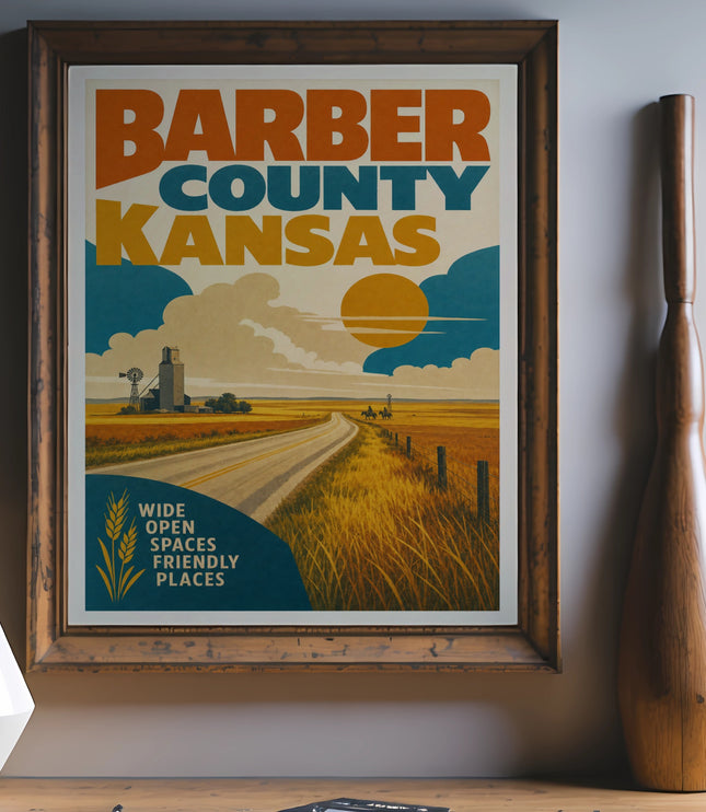 Barber County Kansas poster with landscape, windmill, and text.