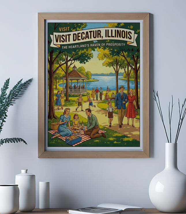 Vintage travel poster for Decatur, Illinois featuring a park scene with a picnic and lake.