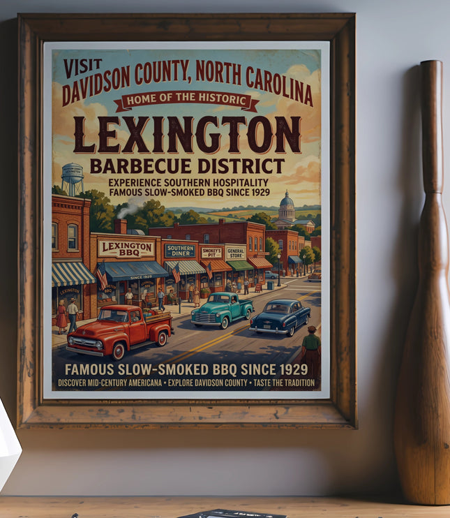 Lexington Barbecue District travel poster with vintage cars and shops.